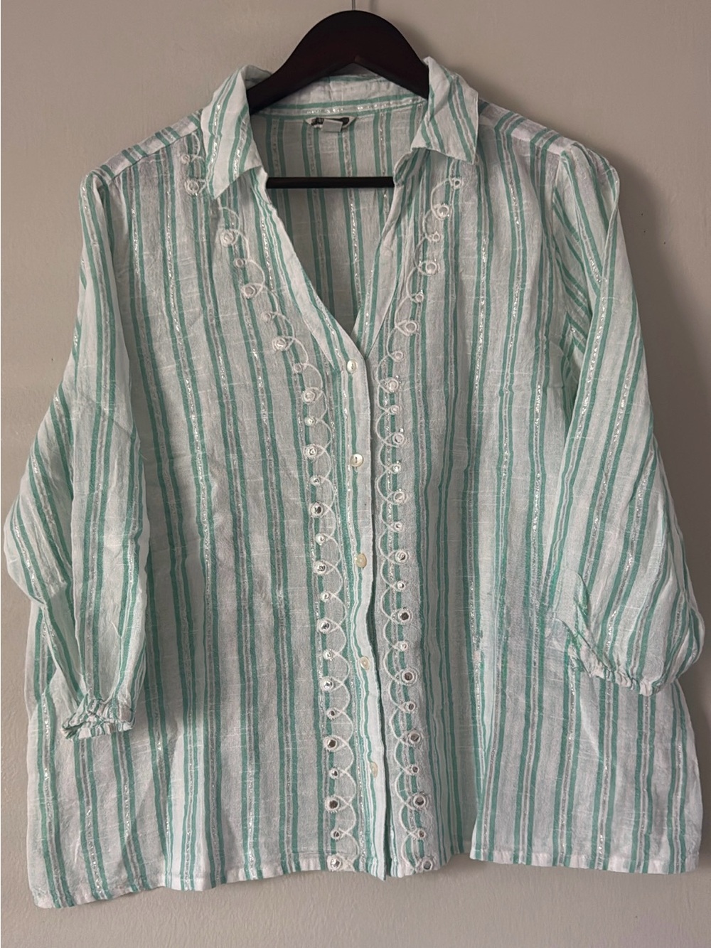 Cato Mint Green & White Striped Embroidered Button-Up Blouse